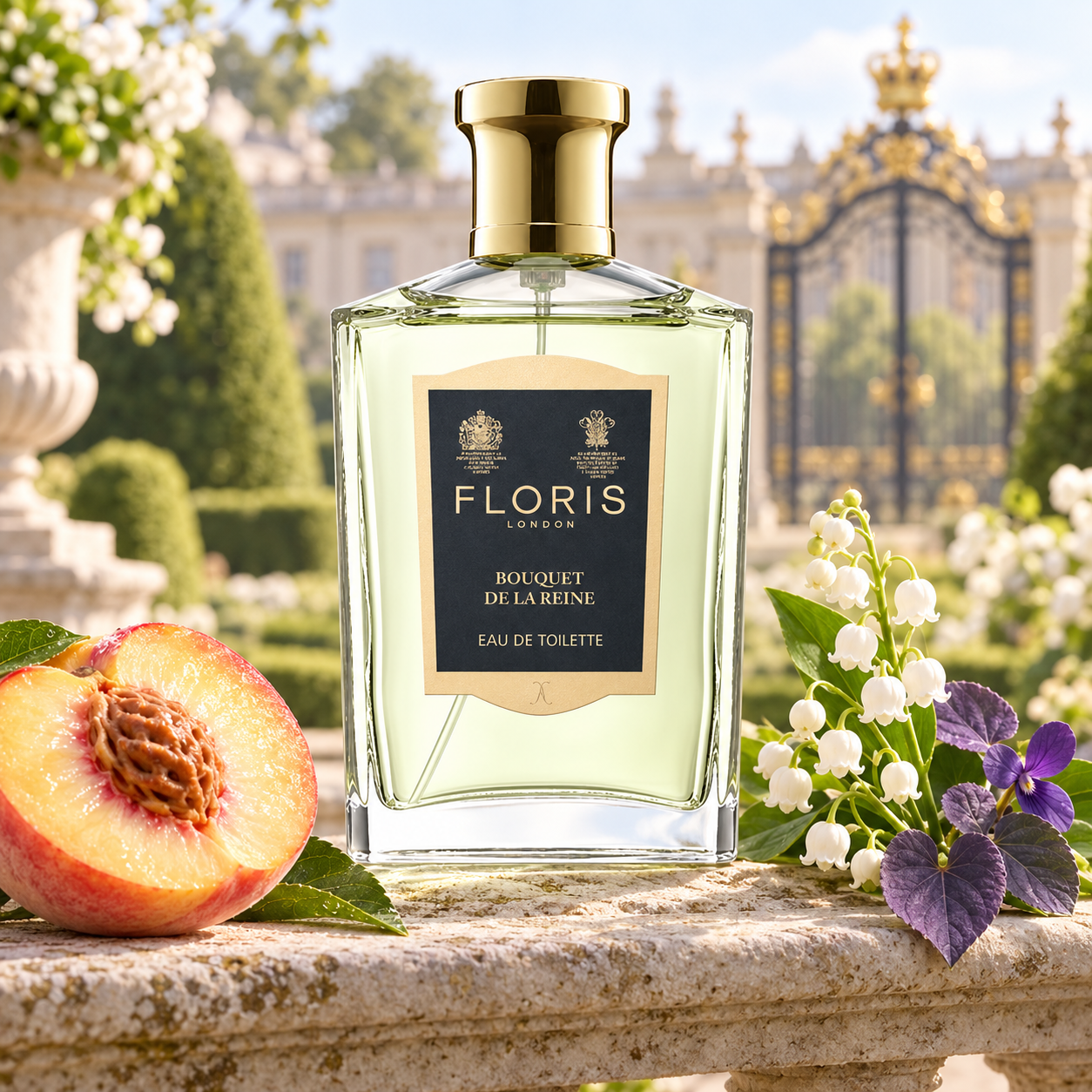 Floris Bouquet de la Reine beside a peach half, lily of the valley, and violets on a sunlit stone balustrade overlooking a formal garden.