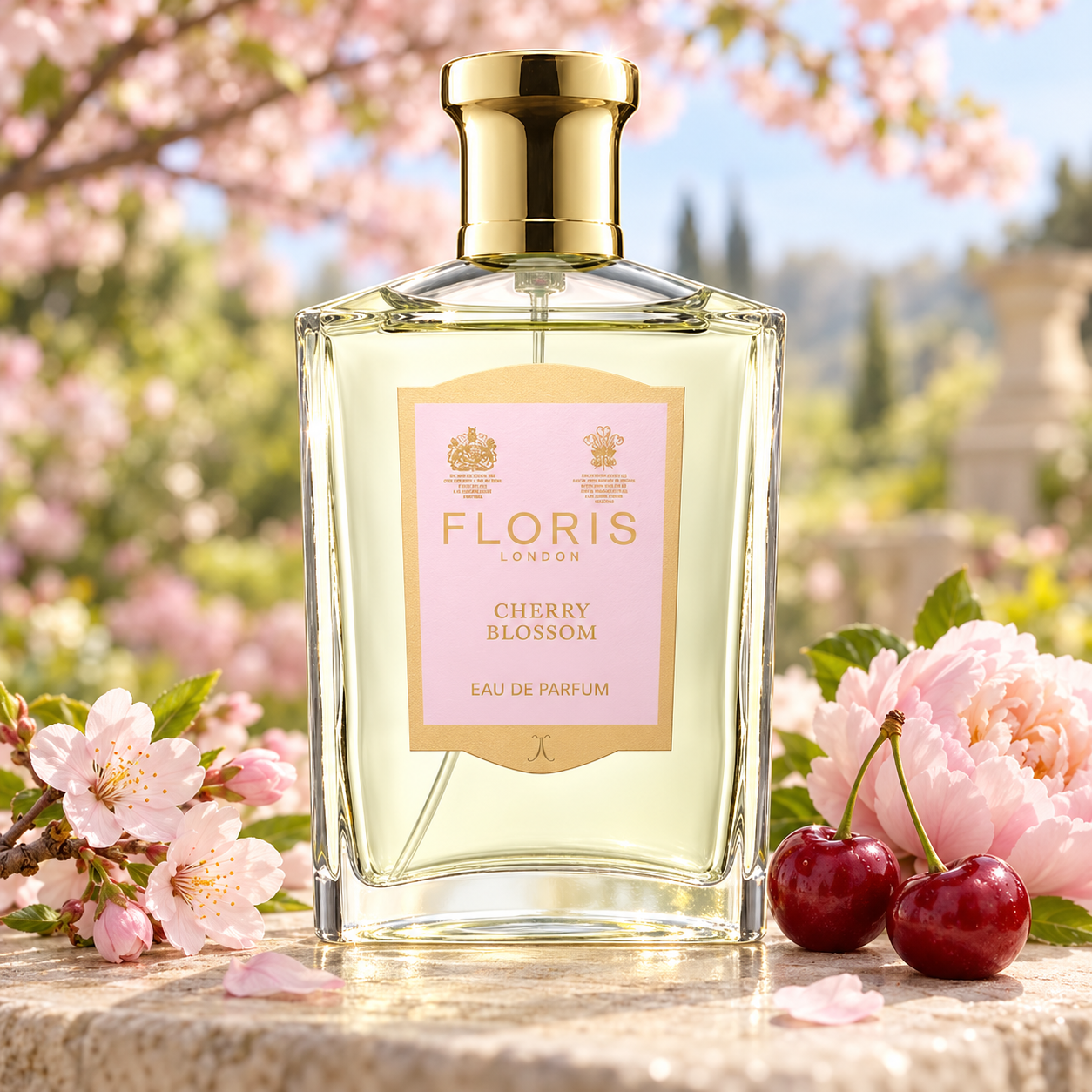 Floris Cherry Blossom on sunlit stone beside pink cherry blossoms, ripe cherries, and a peony, with a softly blurred spring garden behind it.