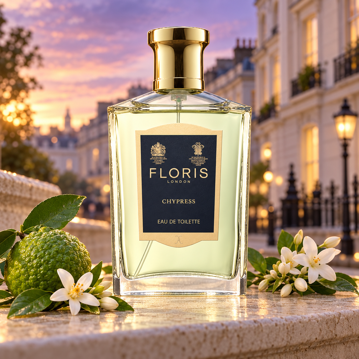Floris Chypress on pale stone beside bergamot and white blossoms, with elegant city buildings and glowing lamps beneath a pink-lavender dusk sky.