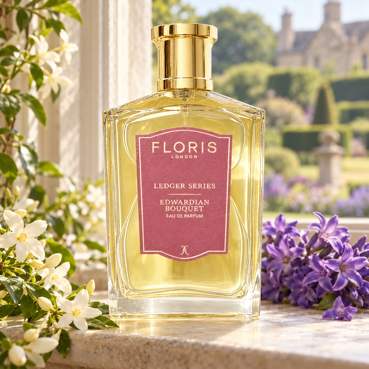 Floris Edwardian Bouquet bottle with jasmine and purple hyacinths on a sunlit stone windowsill overlooking a formal garden.