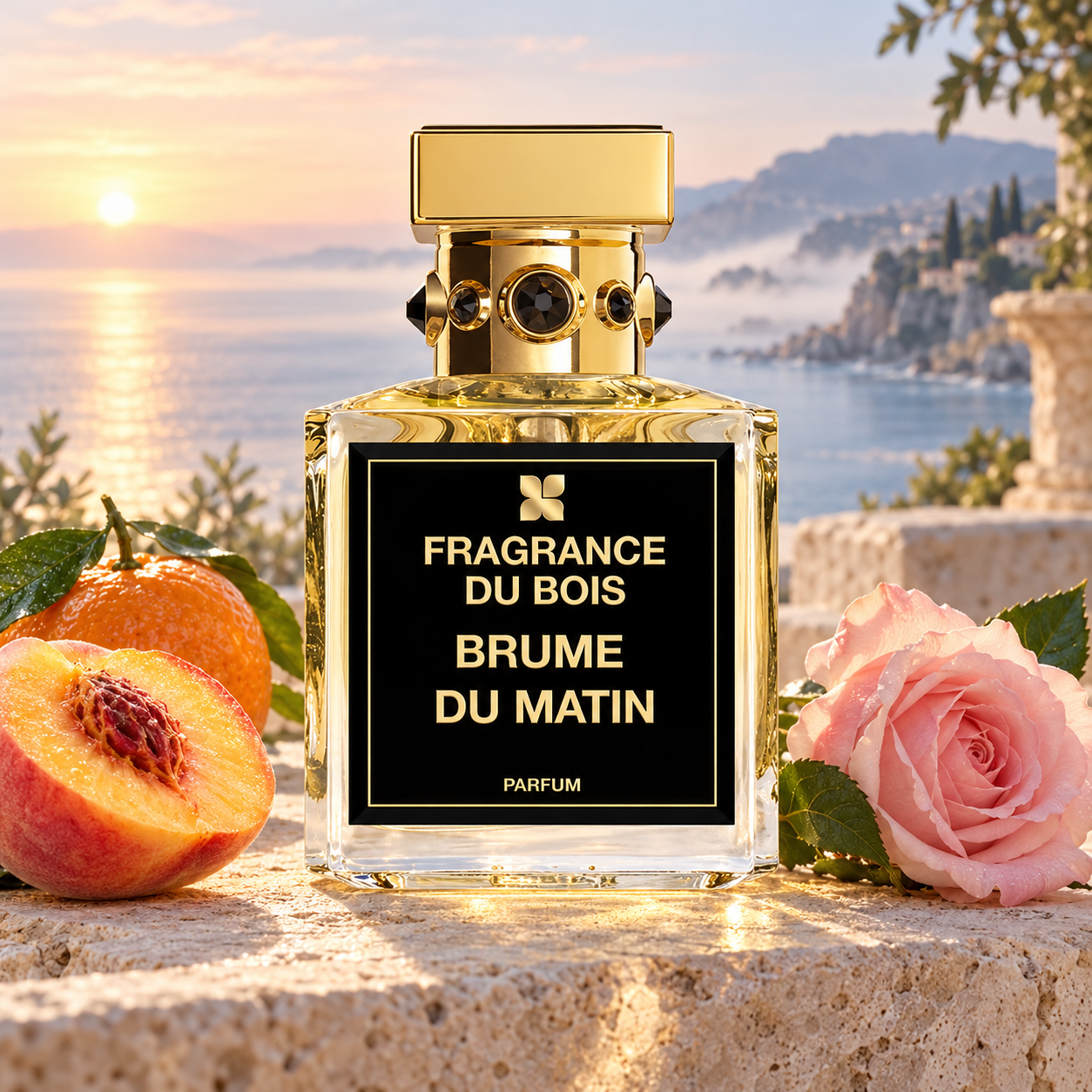 Fragrance Du Bois Brume du Matin beside mandarin, a peach half, and a pink rose on a stone terrace overlooking a misty Mediterranean sunrise.