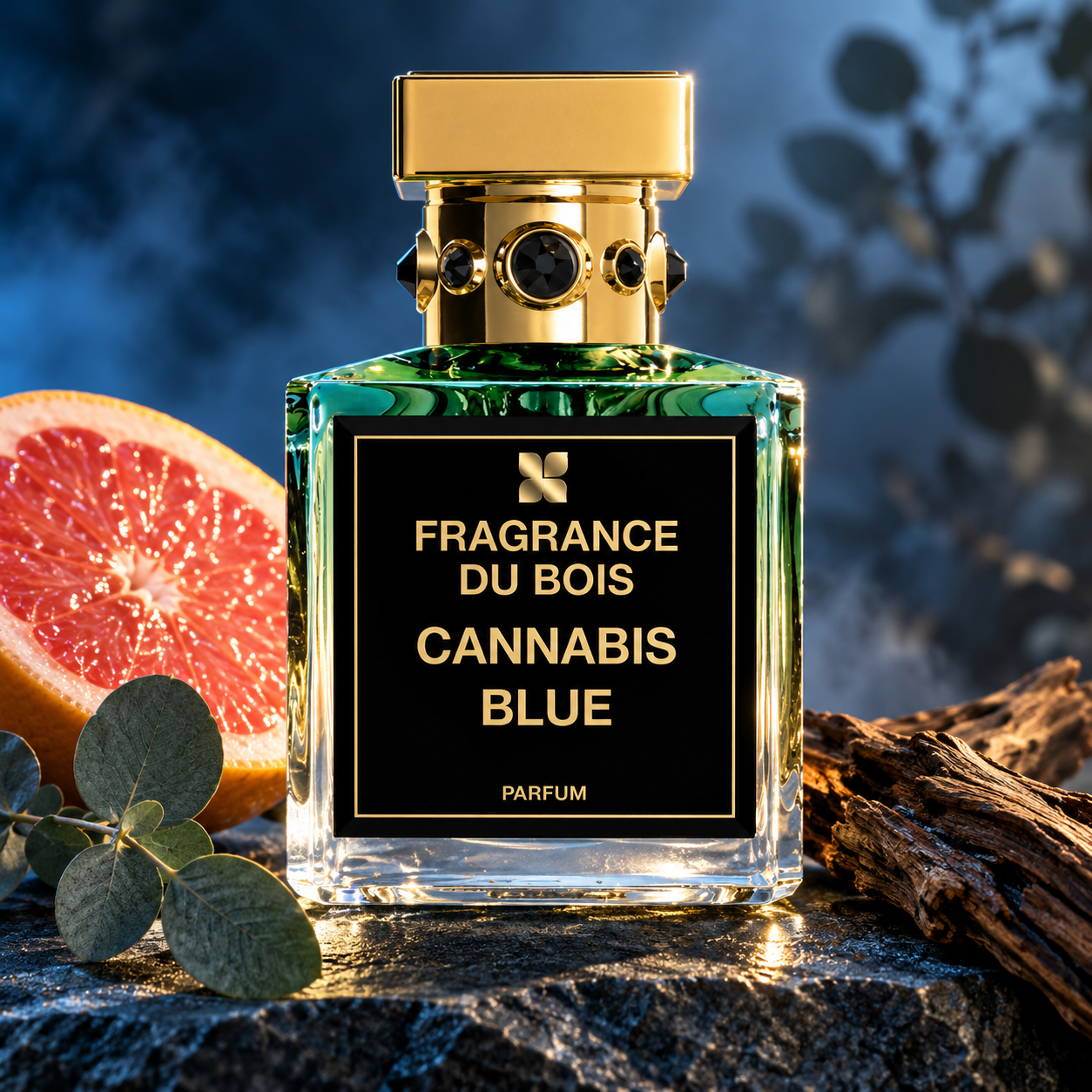 Fragrance Du Bois Cannabis Blue with pink grapefruit, eucalyptus leaves, and textured wood on dark stone in cool blue light.