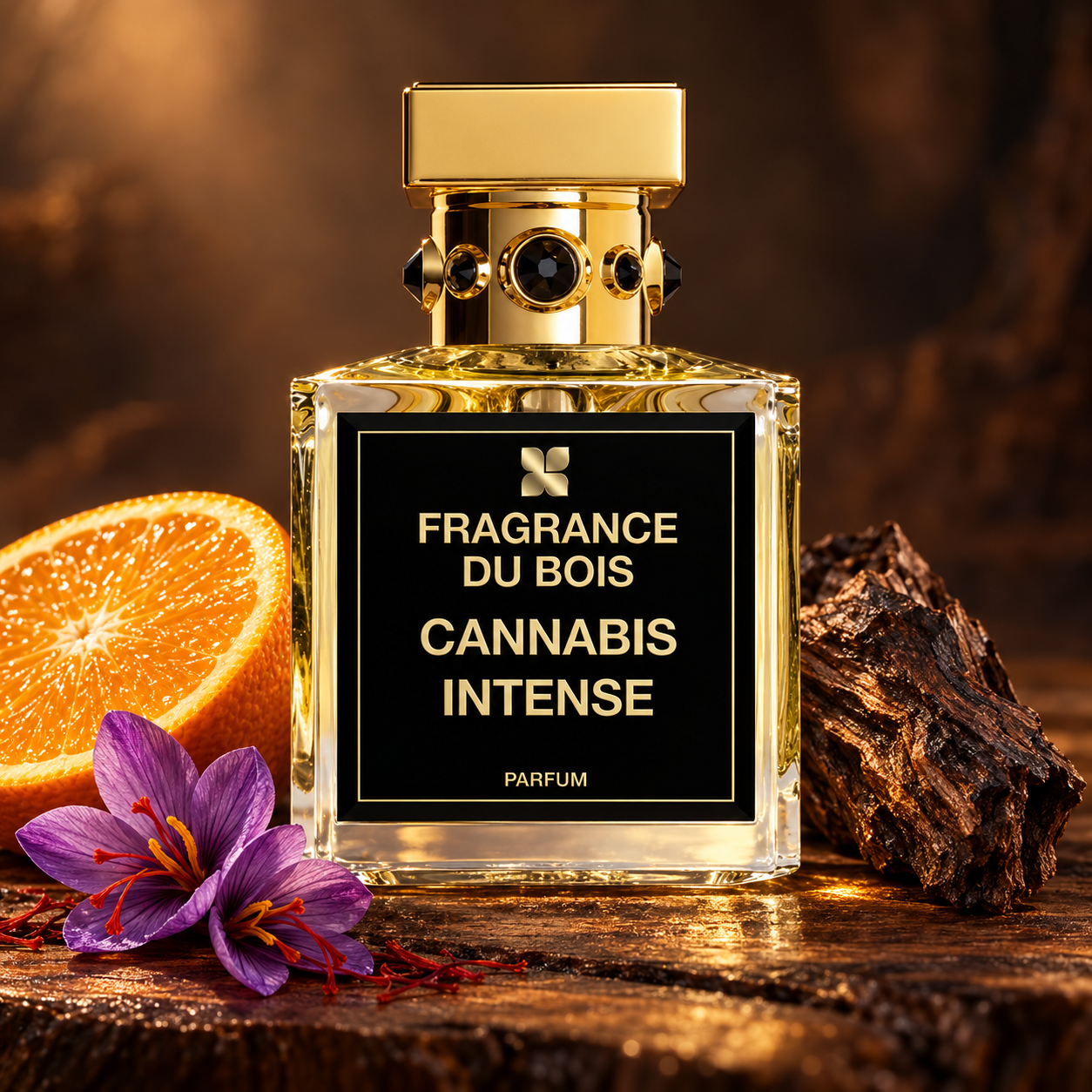 Fragrance Du Bois Cannabis Intense beside an orange half, purple saffron crocuses, and dark wood in warm amber light.