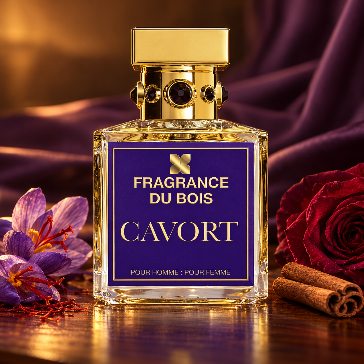 Fragrance Du Bois Cavort beside saffron crocus, cinnamon, and a red rose, with plum silk and warm amber lighting.