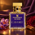 Fragrance Du Bois Cavort beside saffron crocus, cinnamon, and a red rose, with plum silk and warm amber lighting.
