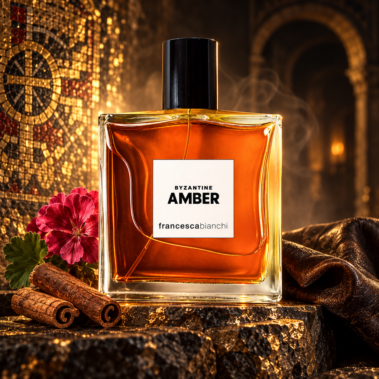 Francesca Bianchi Byzantine Amber with cinnamon, pink geranium, and dark leather against glowing gold mosaic and shadowed arches.
