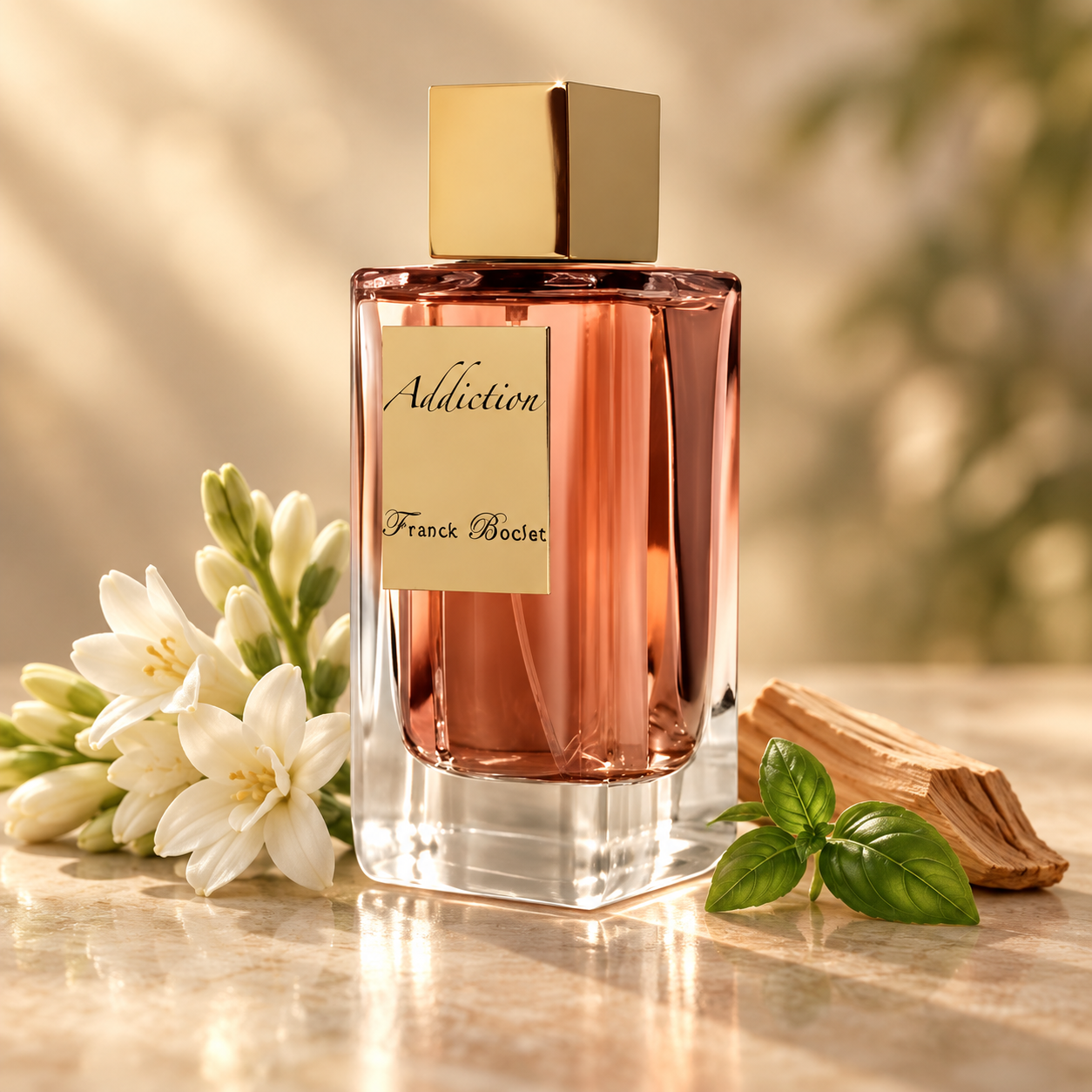 Franck Boclet Addiction beside white tuberose flowers, fresh basil, and sandalwood on pale stone in warm golden light.