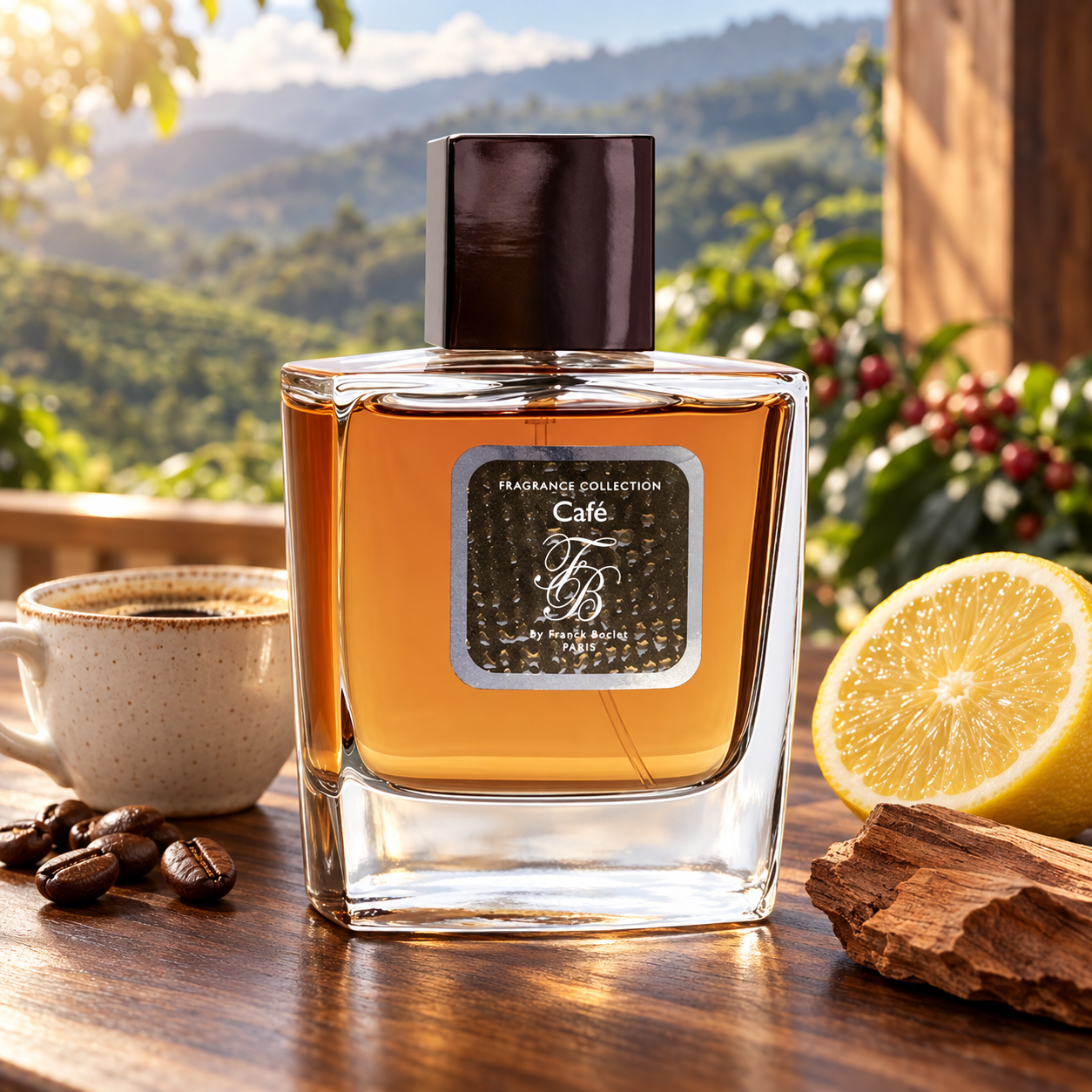 Franck Boclet Café with brewed coffee, lemon, and sandalwood overlooking sunlit coffee-growing hills.