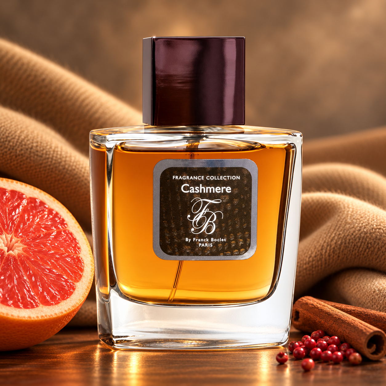 Franck Boclet Cashmere surrounded by camel cashmere fabric, grapefruit, cinnamon, and pink peppercorns in warm light.