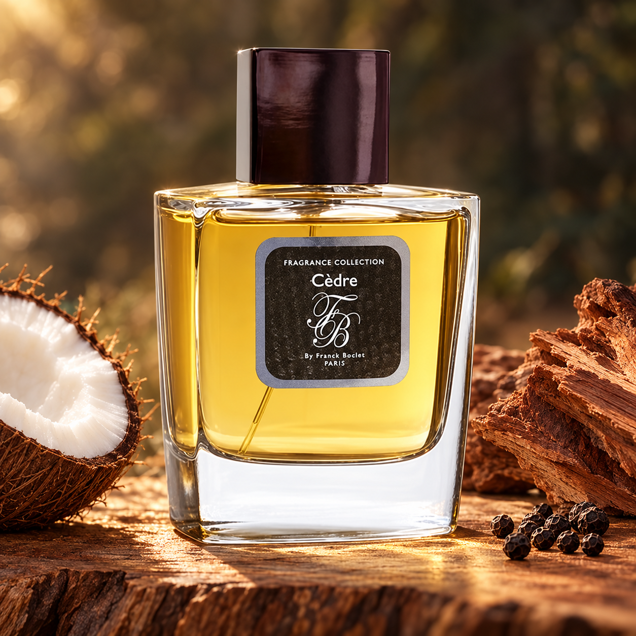 Franck Boclet Cèdre beside a coconut half, cedar wood, and black peppercorns on a warmly lit wooden surface.