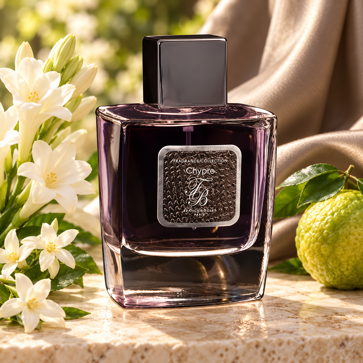 Franck Boclet Chypre in its older smoky glass bottle beside white flowers and bergamot on sunlit ivory stone.