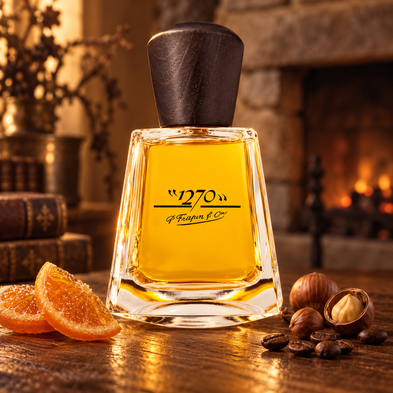 Frapin 1270 bottle with candied orange, hazelnuts, and coffee beans on a wooden table beside a warmly lit fireplace.