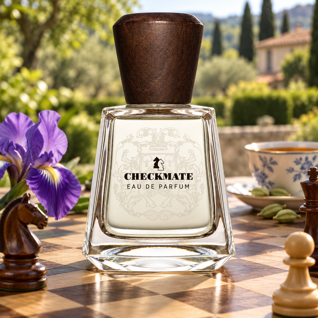 Frapin Checkmate on a wooden chessboard with chess pieces, purple iris, and cardamom tea in a sunlit garden.