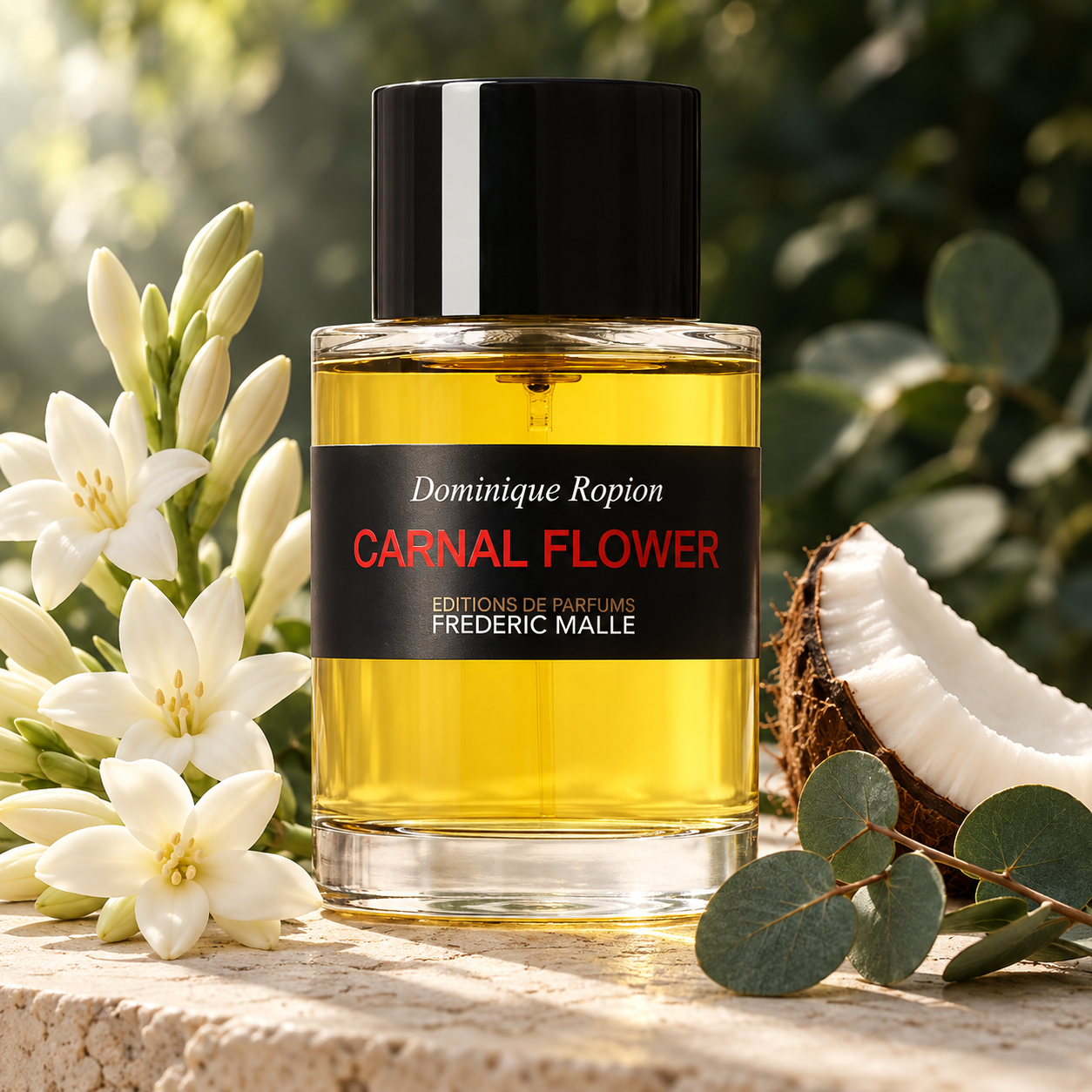 Frédéric Malle Carnal Flower with white tuberose, eucalyptus leaves, and a coconut wedge on pale stone in soft botanical light.