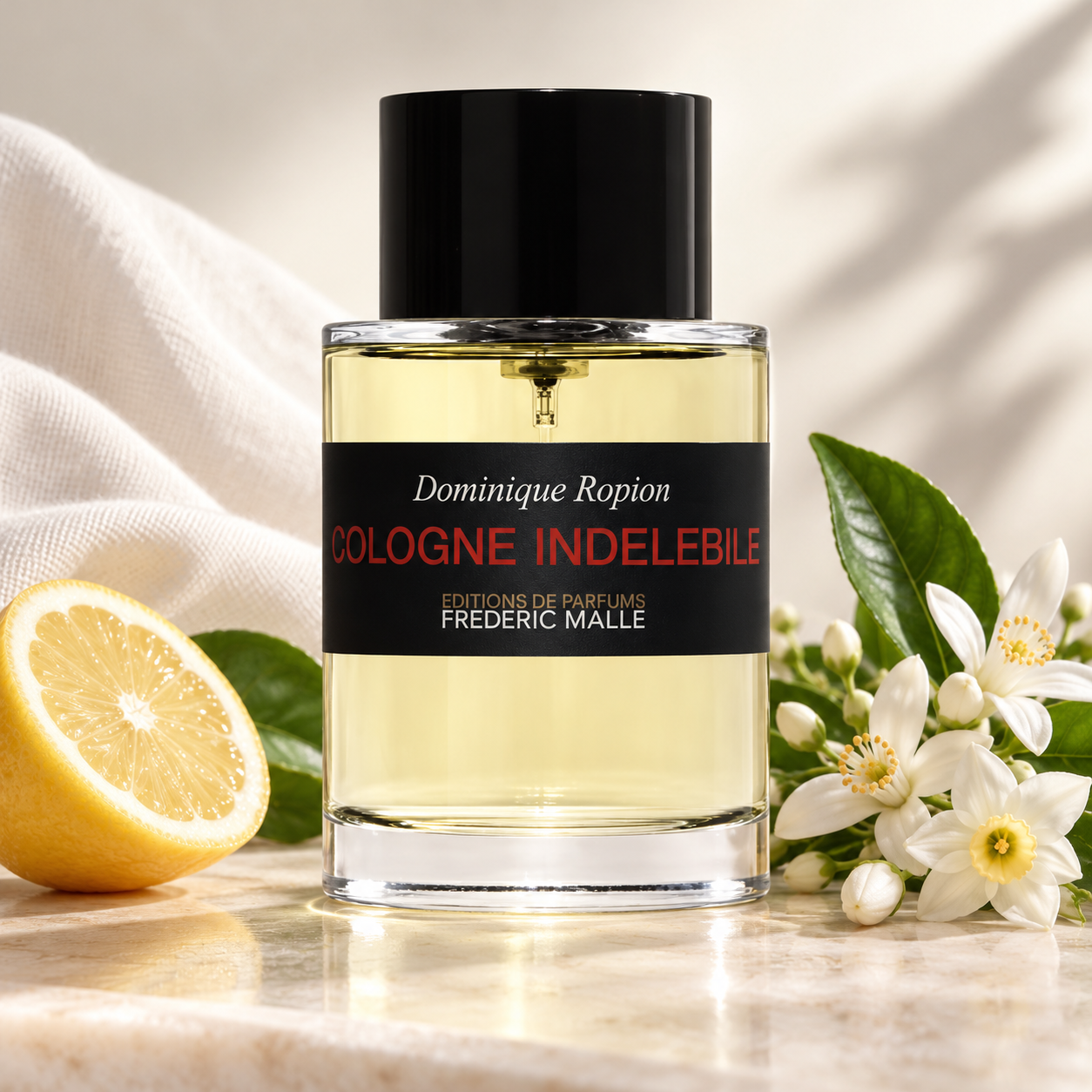 Frédéric Malle Cologne Indélébile bottle on ivory stone beside a lemon half, orange blossoms, and narcissus, with white linen and soft sunlight.