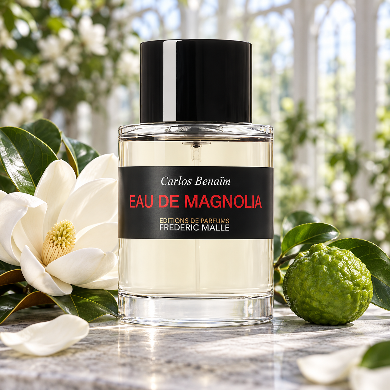 Frédéric Malle Eau de Magnolia bottle beside a white magnolia bloom and whole bergamot on pale stone in soft conservatory light.