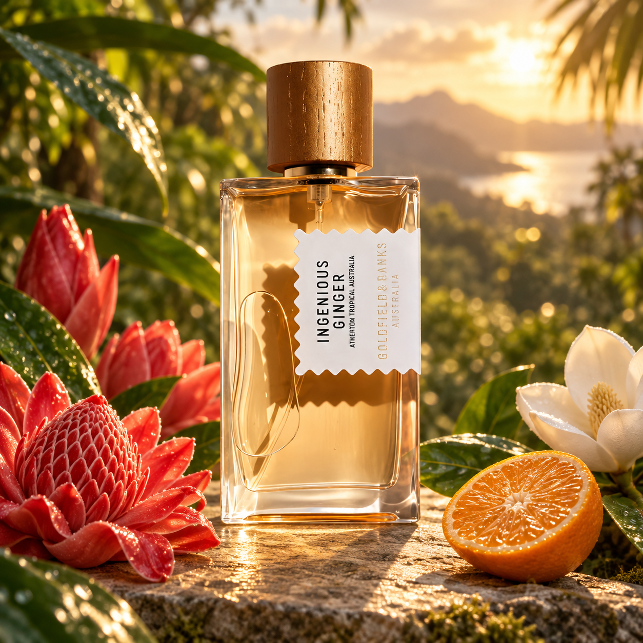 Goldfield & Banks Ingenious Ginger stands on a sunlit stone ledge beside torch ginger flowers, a cut mandarin, and a magnolia bloom, with a lush tropical landscape behind it.
