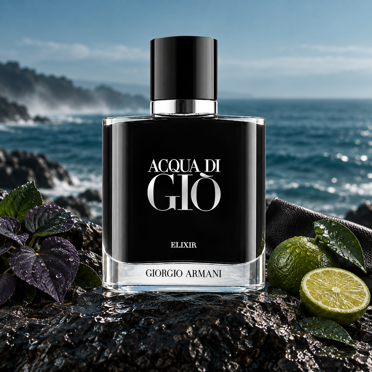 Giorgio Armani Acqua di Giò Elixir on wet coastal rock beside violet leaves, green citrus, and dark leather, with a softly blurred ocean behind it.