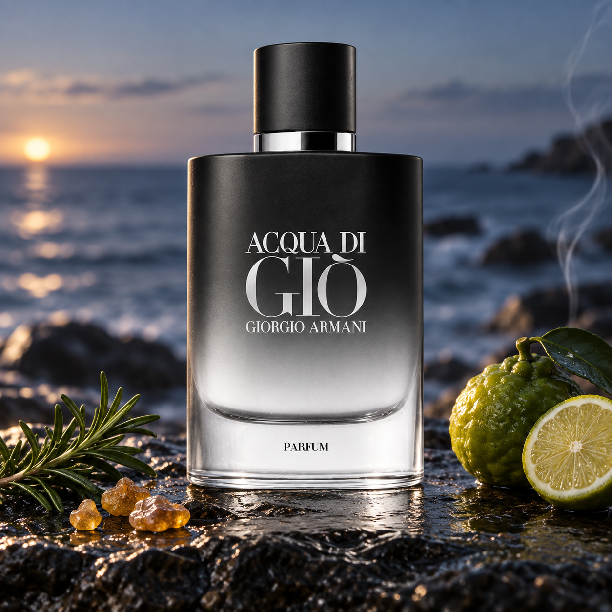Giorgio Armani Acqua di Giò Parfum on wet coastal stone with rosemary, bergamot, and frankincense resin, overlooking the sea at sunset.