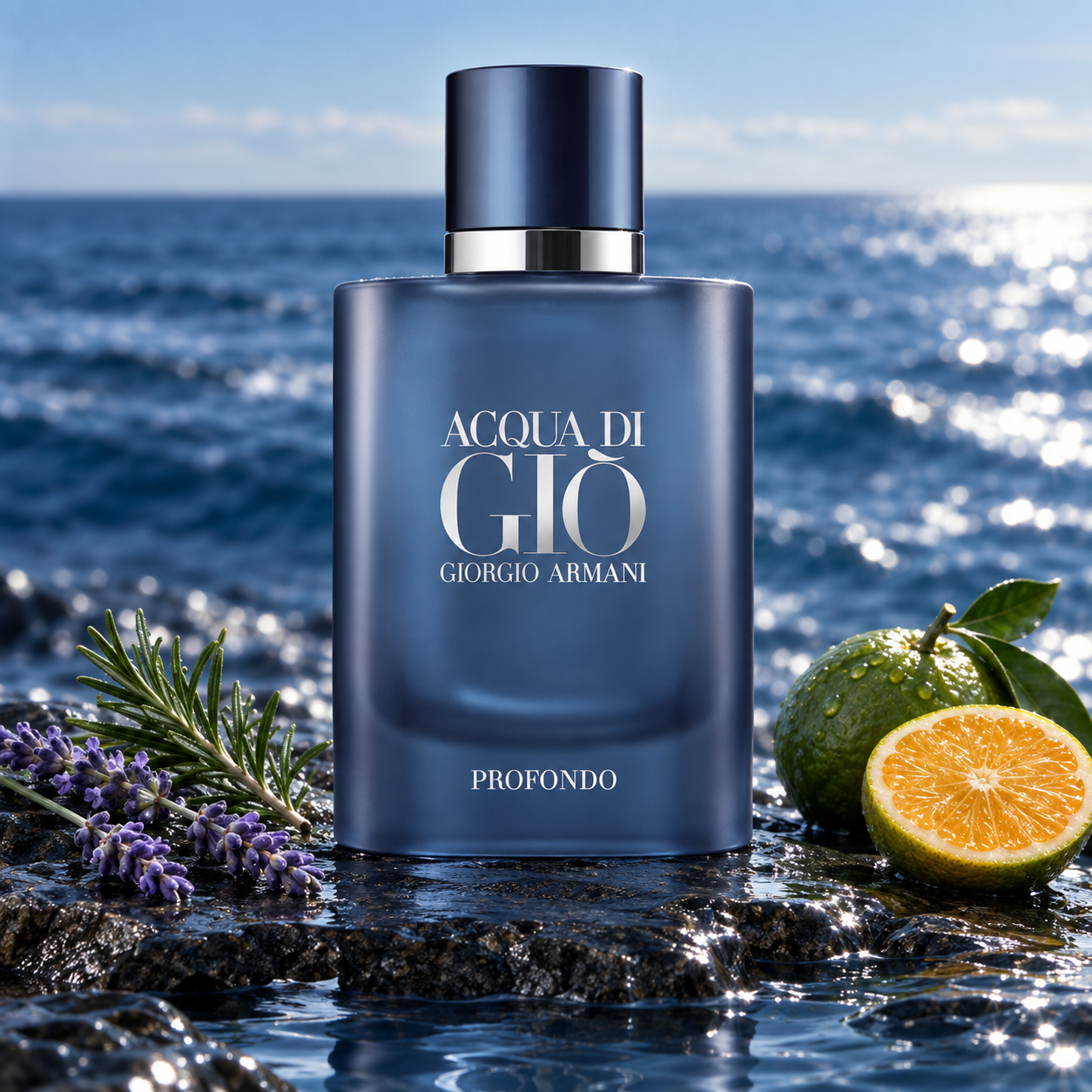 Giorgio Armani Acqua di Giò Profondo on wet coastal rocks beside rosemary, lavender, and green mandarin, with a sunlit blue sea behind it.