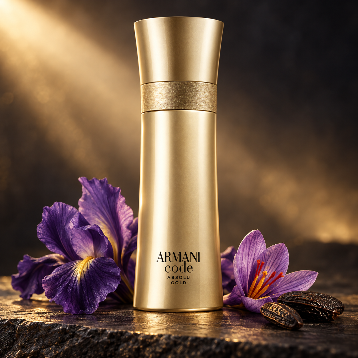 Armani Code Absolu Gold bottle on charcoal stone beside purple iris, saffron crocus, and tonka beans under warm golden light.