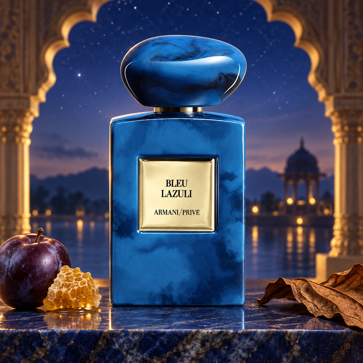 Armani Privé Bleu Lazuli on blue stone with plum, honeycomb, and tobacco, framed by a golden Indian-style arch overlooking water at twilight.