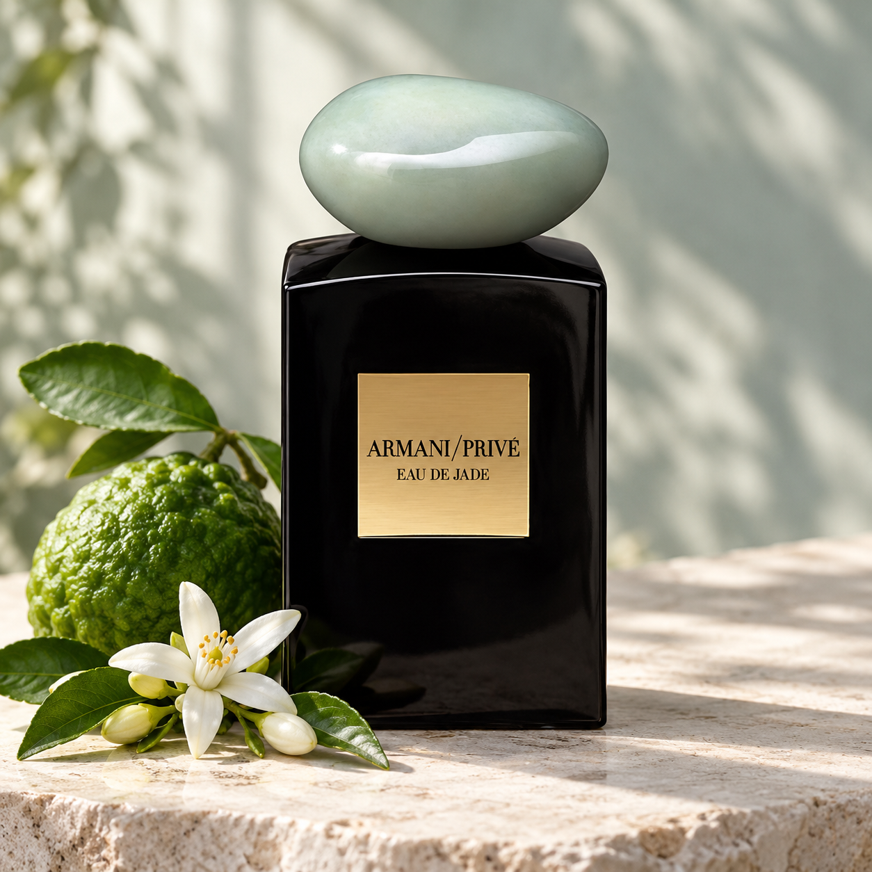 Armani Privé Eau de Jade black bottle with its pale jade cap beside bergamot and white neroli blossoms on softly lit limestone.