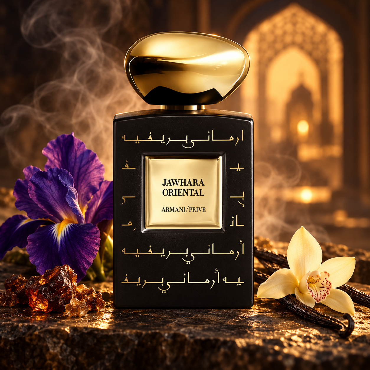 Giorgio Armani Jawhara Oriental black bottle with gold cap and lettering beside iris, vanilla orchid and amber resin in a warm palace setting.
