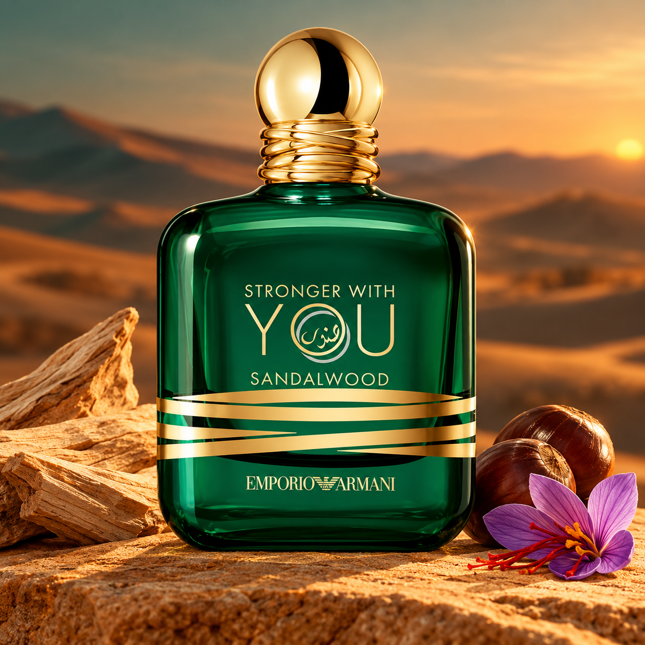 Emporio Armani Stronger With You Sandalwood with sandalwood, chestnuts, and a purple saffron flower against sunset desert dunes.