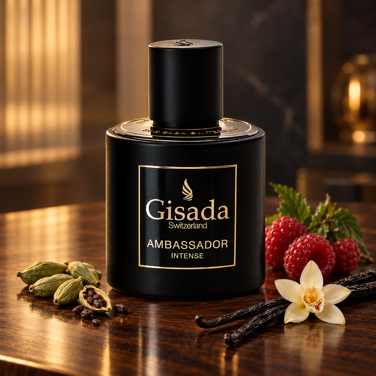 Gisada Ambassador Intense’s black and gold bottle stands beside cardamom, raspberries, and vanilla pods with a cream orchid in warm amber light.