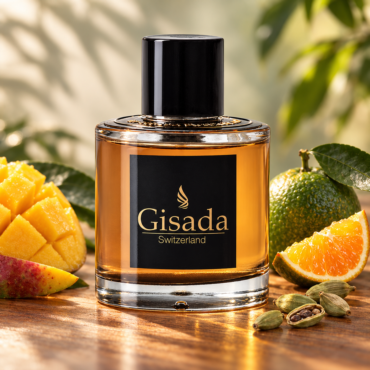 Gisada Ambassador Men stands beside mango, green mandarin, and cardamom on sunlit teak wood against a soft green backdrop.