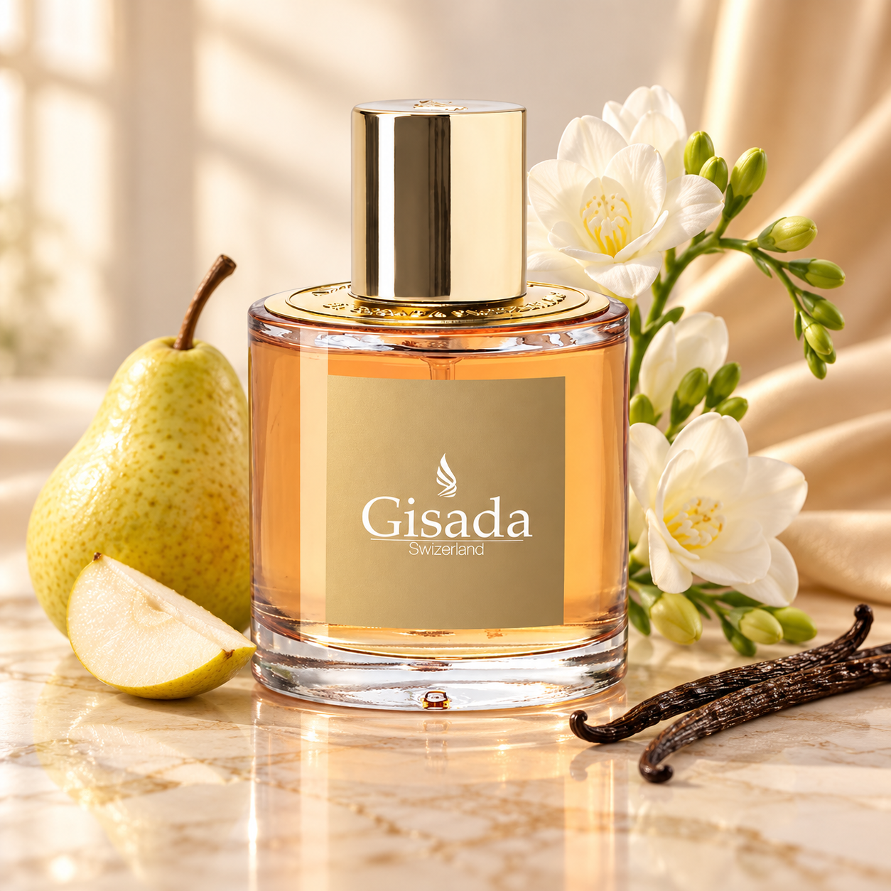 Gisada Ambassador Women stands beside pear, white freesia, and vanilla pods on cream marble in soft golden light.