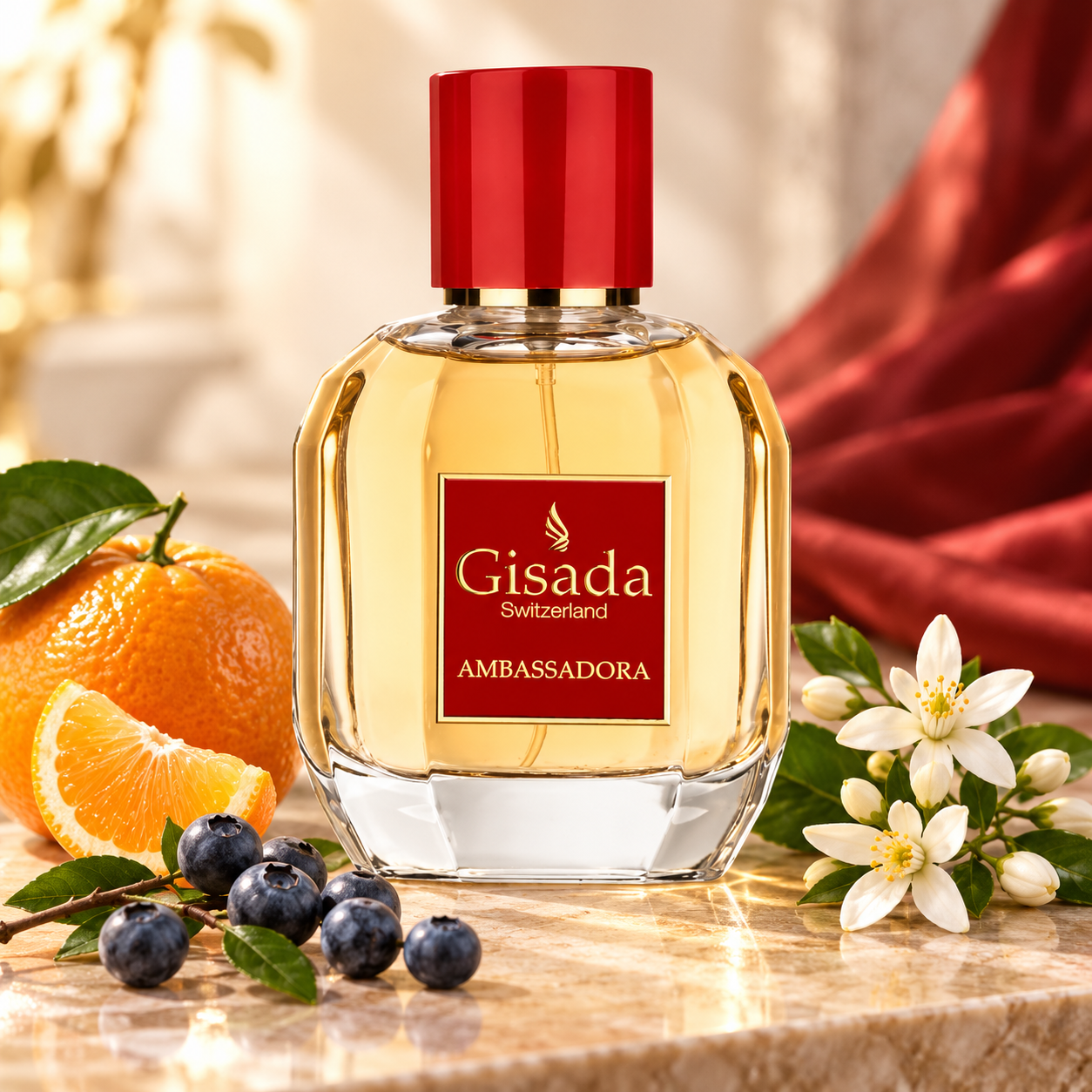 Gisada Ambassadora stands beside mandarin, blueberries, and white orange blossoms on champagne stone, with red silk in the softly lit background.