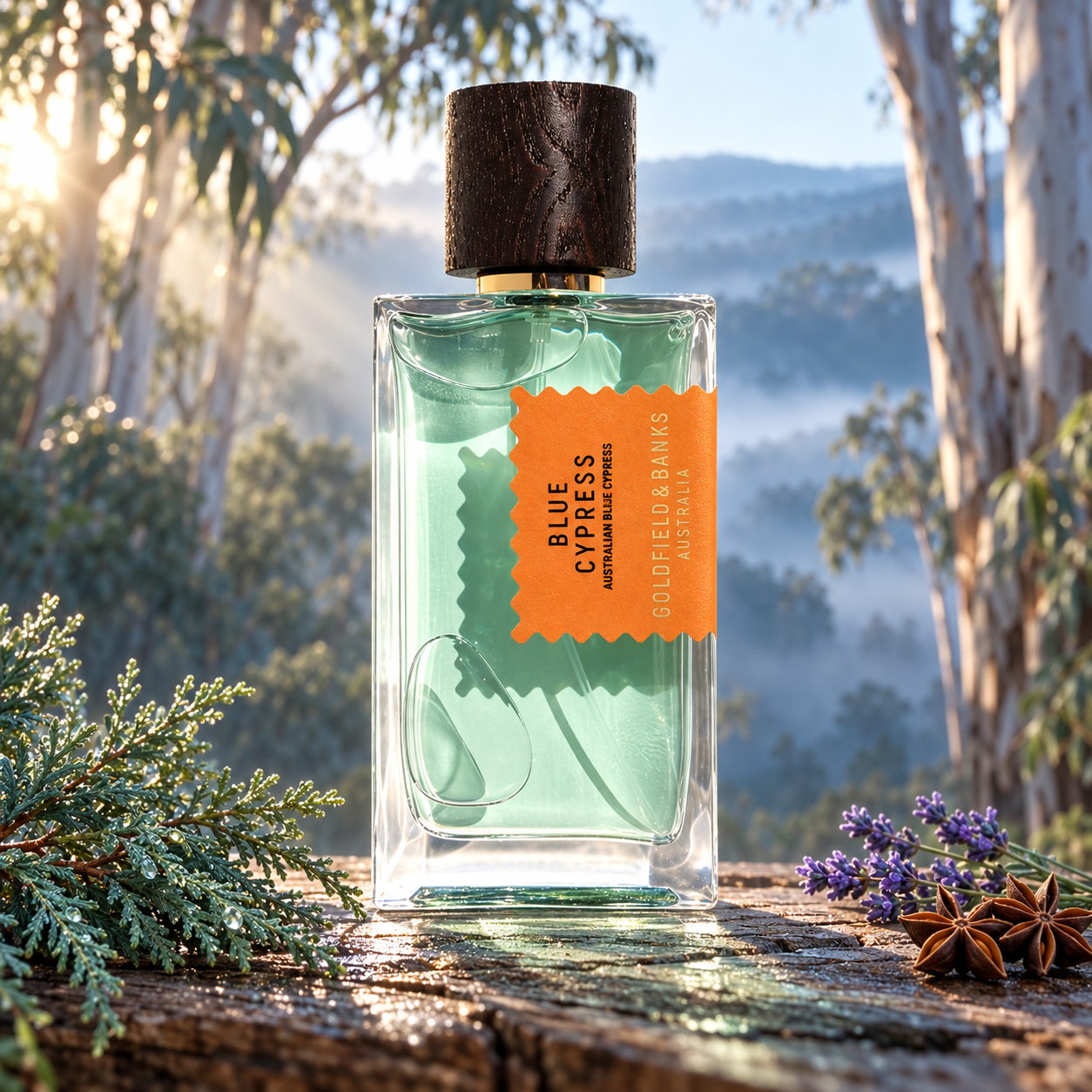 Goldfield & Banks Blue Cypress on dewy timber with cypress foliage, lavender, and star anise, against a misty eucalyptus woodland at sunrise.
