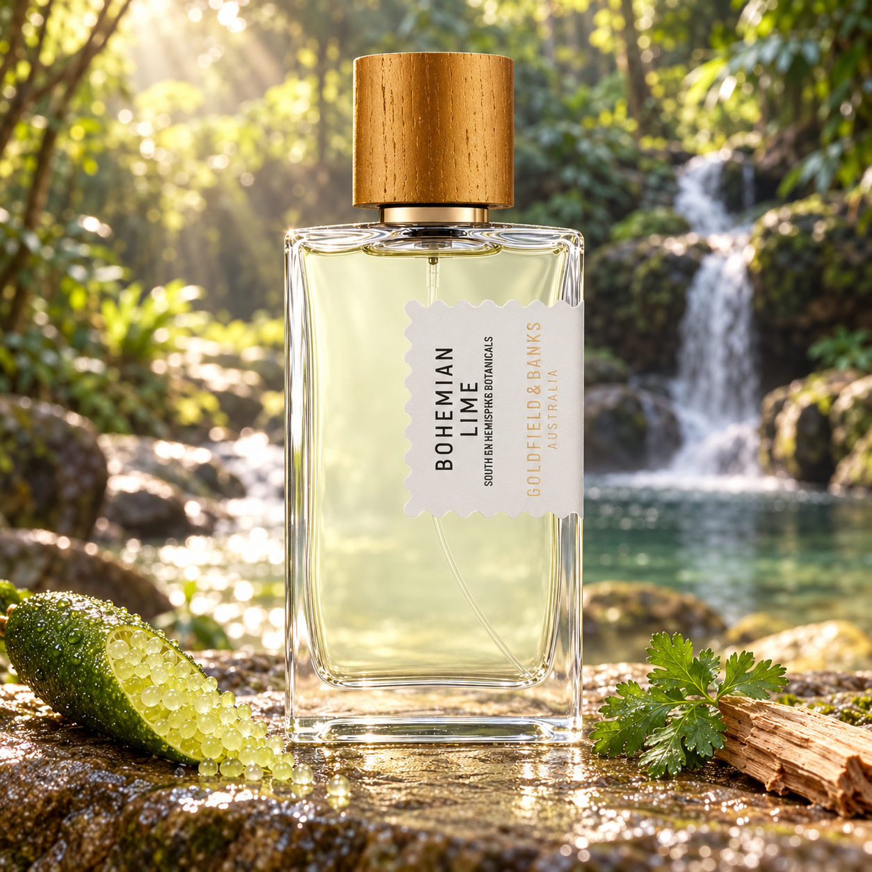 Goldfield & Banks Bohemian Lime on wet sandstone beside an opened finger lime, coriander, and sandalwood, with a sunlit rainforest waterfall behind it.