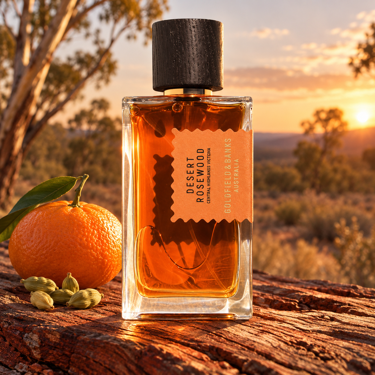 Goldfield & Banks Desert Rosewood bottle with a whole mandarin and cardamom on weathered wood in golden Australian woodland light.