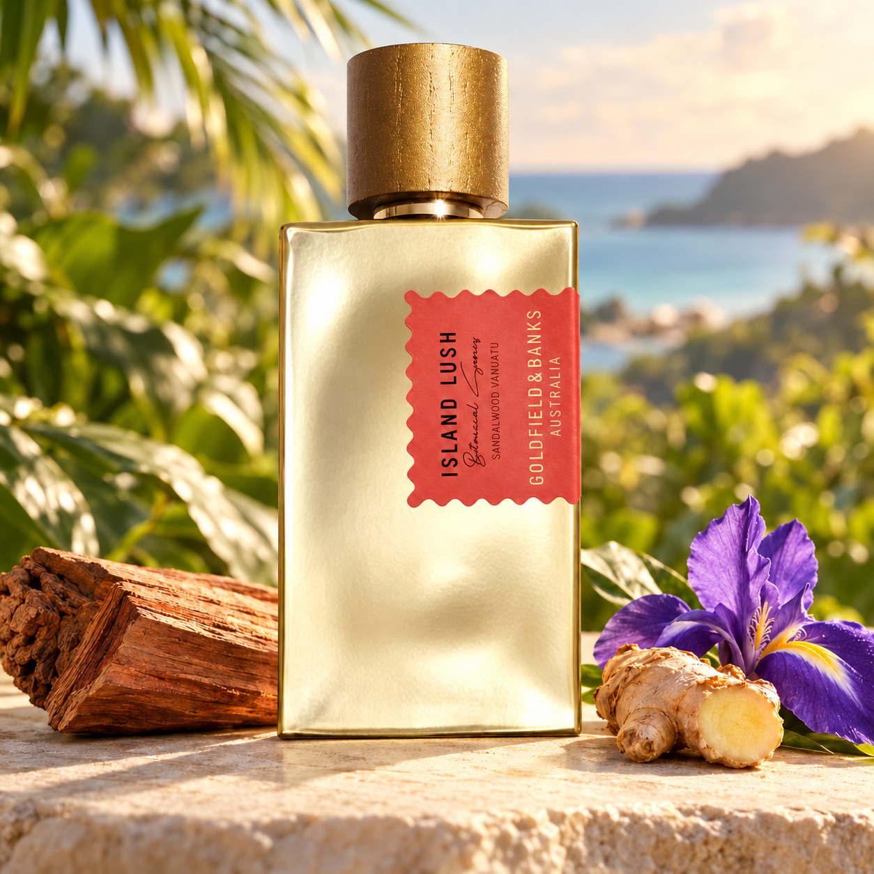 Goldfield & Banks Island Lush on sunlit stone with sandalwood, ginger and purple iris, overlooking a softly blurred tropical coast.