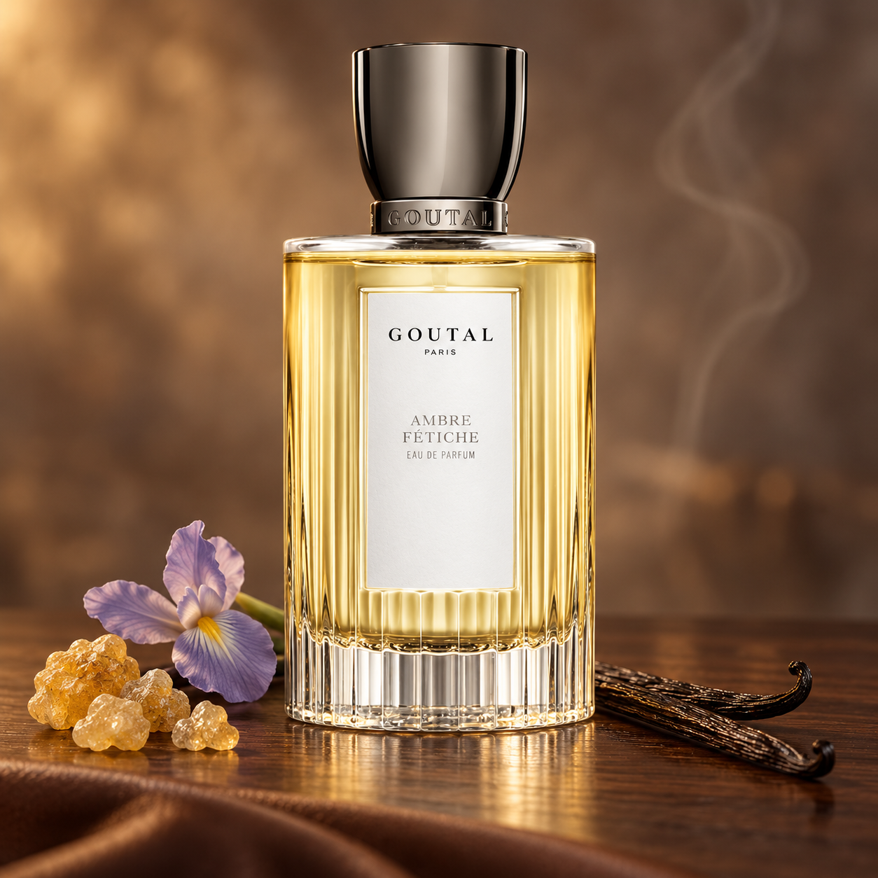 Goutal Ambre Fétiche on dark wood with golden resin, a lavender iris, and vanilla pods in warm light with wisps of smoke.