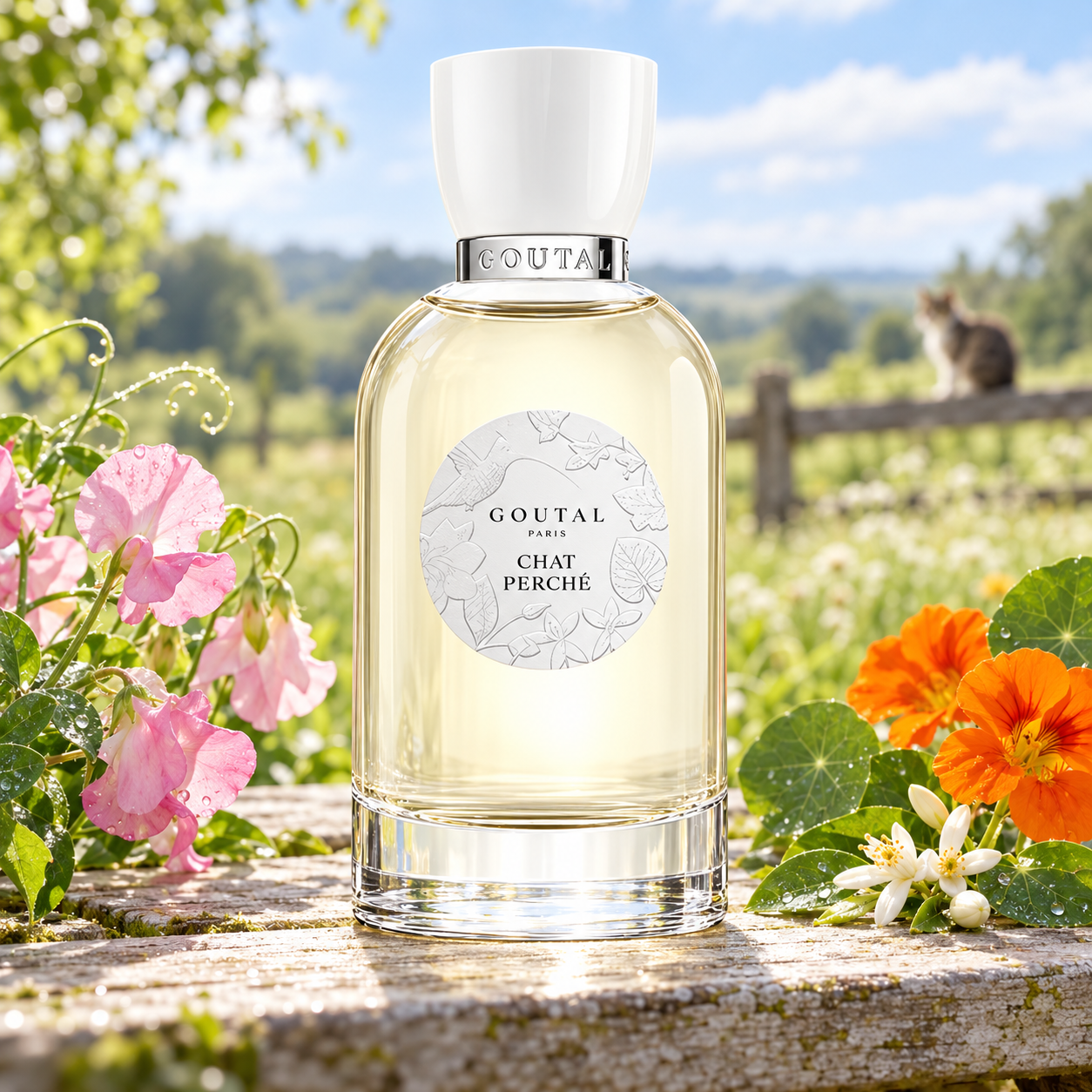 Goutal Chat Perché on a sunlit garden bench with sweet peas, nasturtiums, and lemon blossoms, with a cat perched on a fence behind it.
