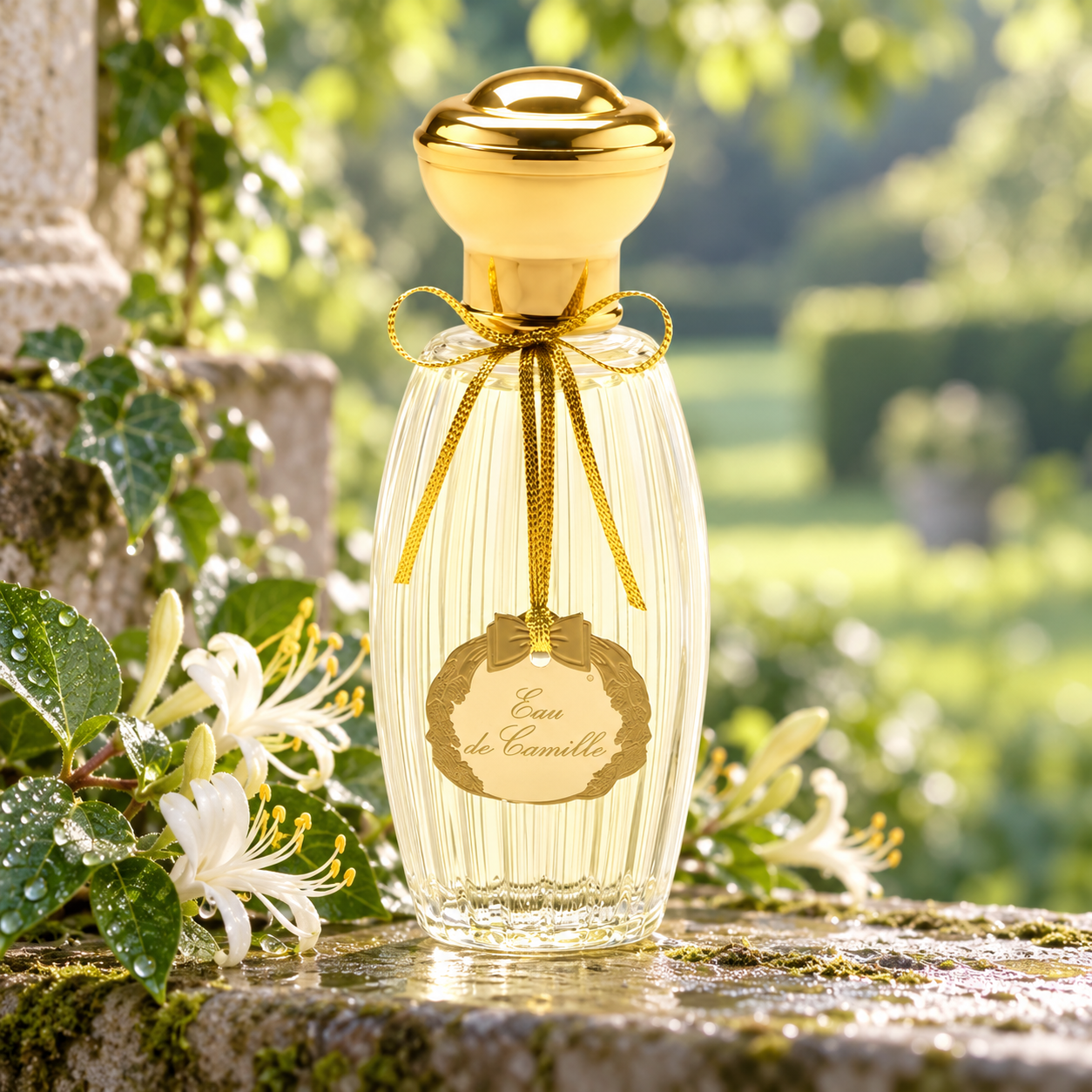 Goutal Eau de Camille fluted bottle with its gold bow and medallion beside white honeysuckle on damp garden stone.