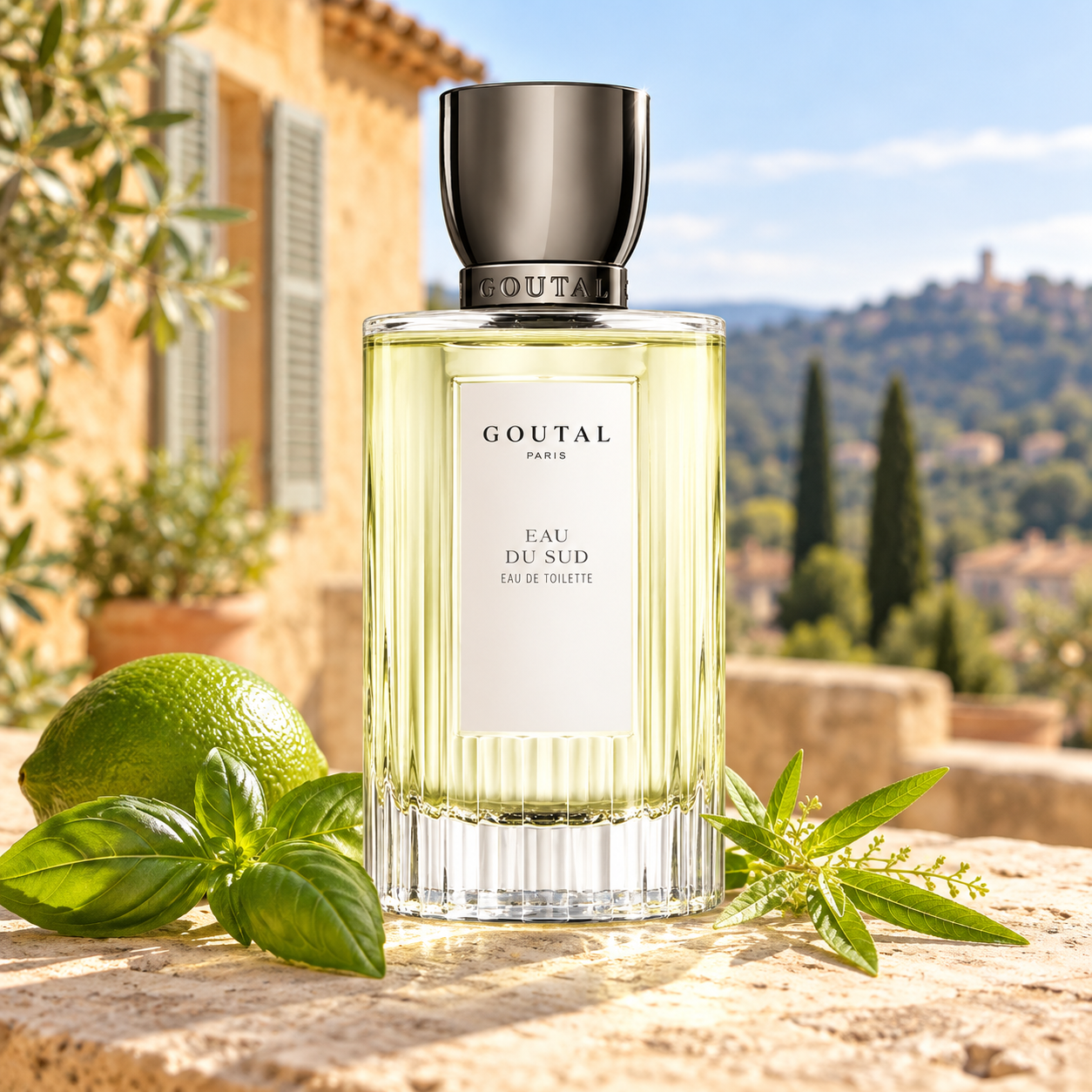 Goutal Eau du Sud bottle with a whole lime, basil and lemon verbena on sunlit stone overlooking a Provençal landscape.