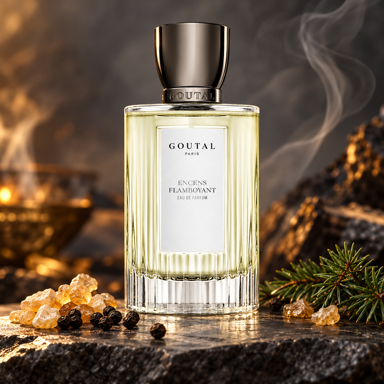Goutal Encens Flamboyant perfume with frankincense, black peppercorns and fir on dark stone in warm smoky light.