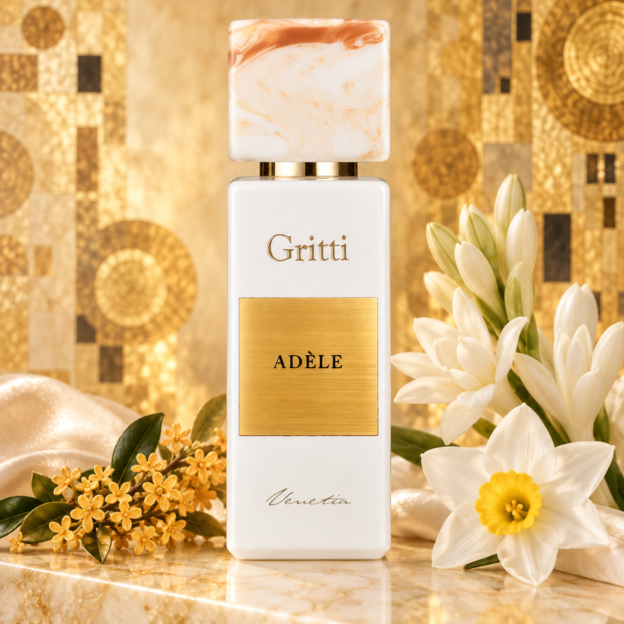 Gritti Adèle surrounded by golden osmanthus, white tuberose, and narcissus on cream silk against a gold mosaic backdrop.