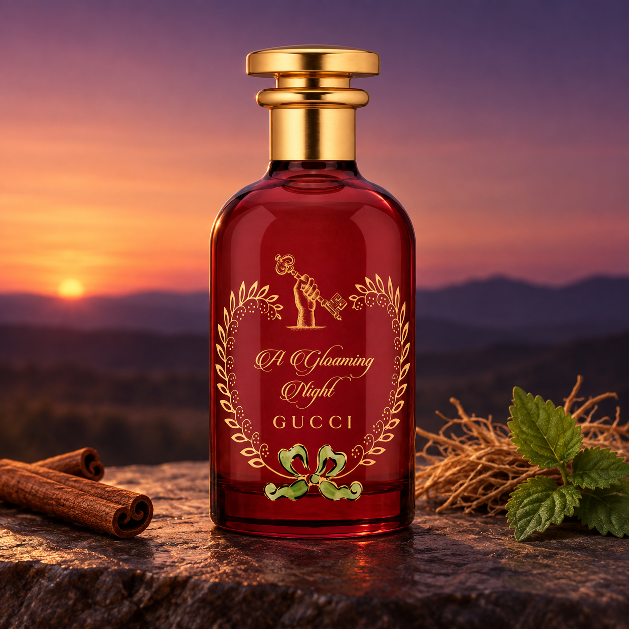 Ruby-red Gucci A Gloaming Night bottle beside cinnamon, vetiver roots, and patchouli leaves against a softly blurred sunset.