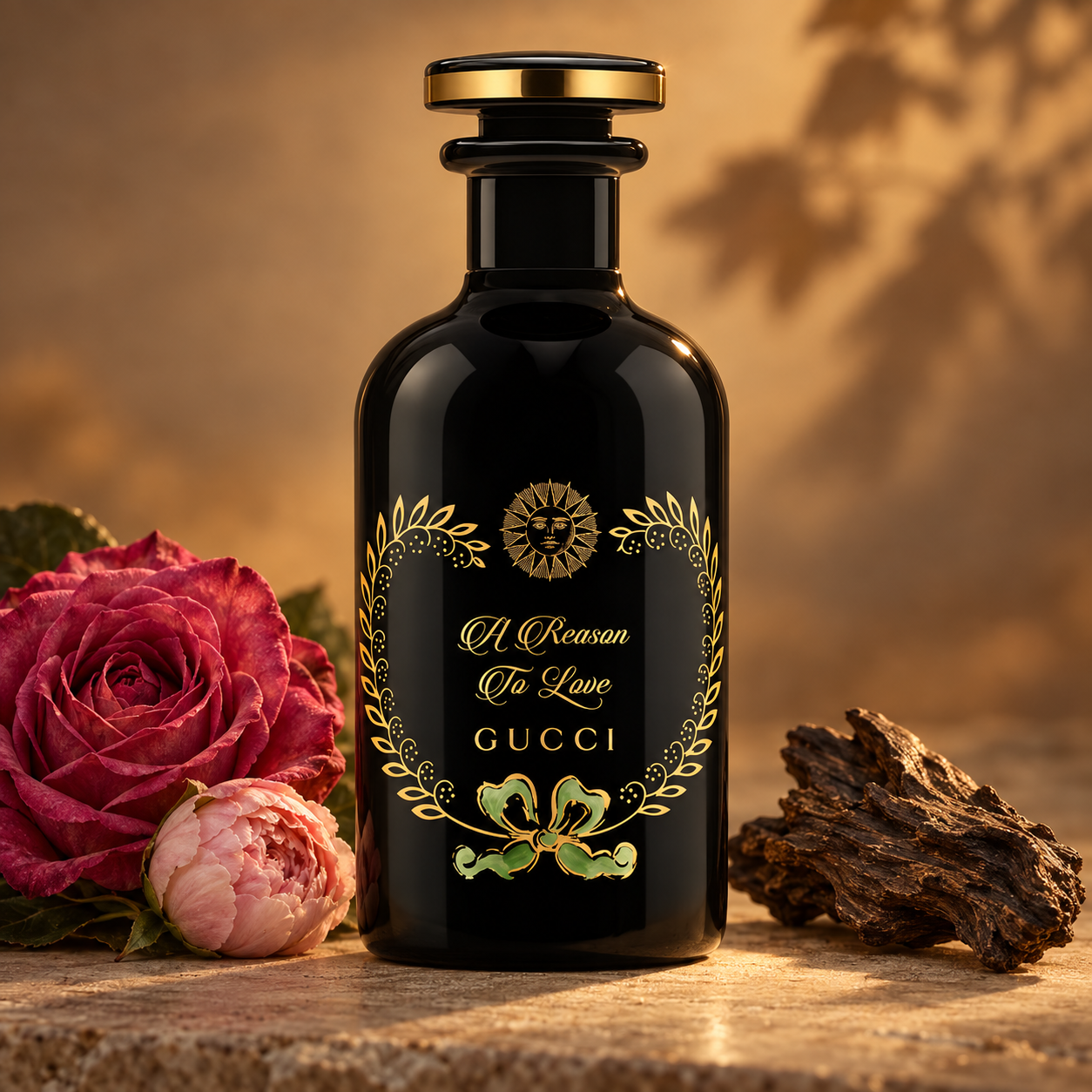 Gucci A Reason to Love beside a deep pink rose, blush peony, and oud wood in warm autumn light.