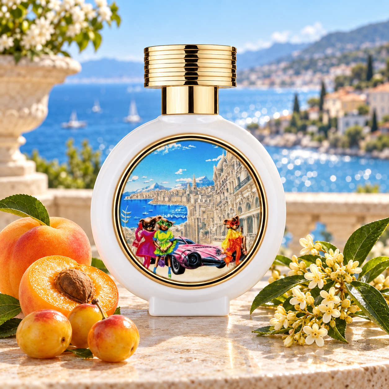 HFC Dazzling Girls perfume bottle with apricots, golden Mirabelle plums, and creamy blossoms on a sunlit terrace overlooking the blue Côte d’Azur.