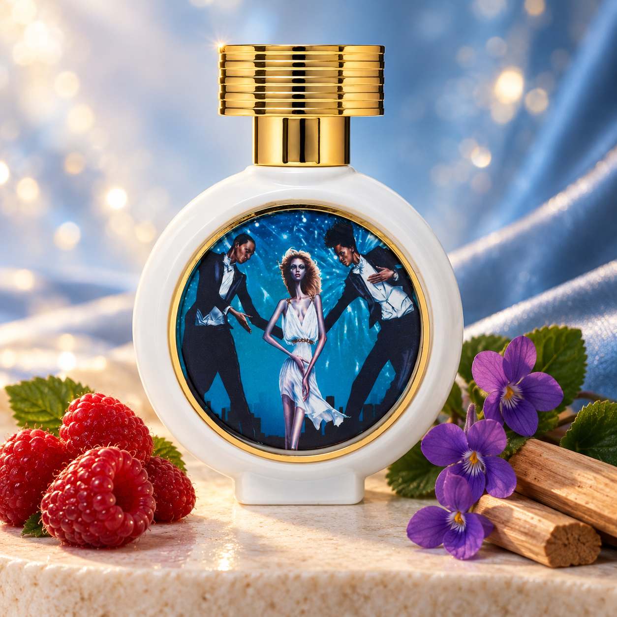 HFC Delicious Kisses perfume bottle framed by raspberries, purple violets, and sandalwood on ivory stone against softly shimmering blue fabric.