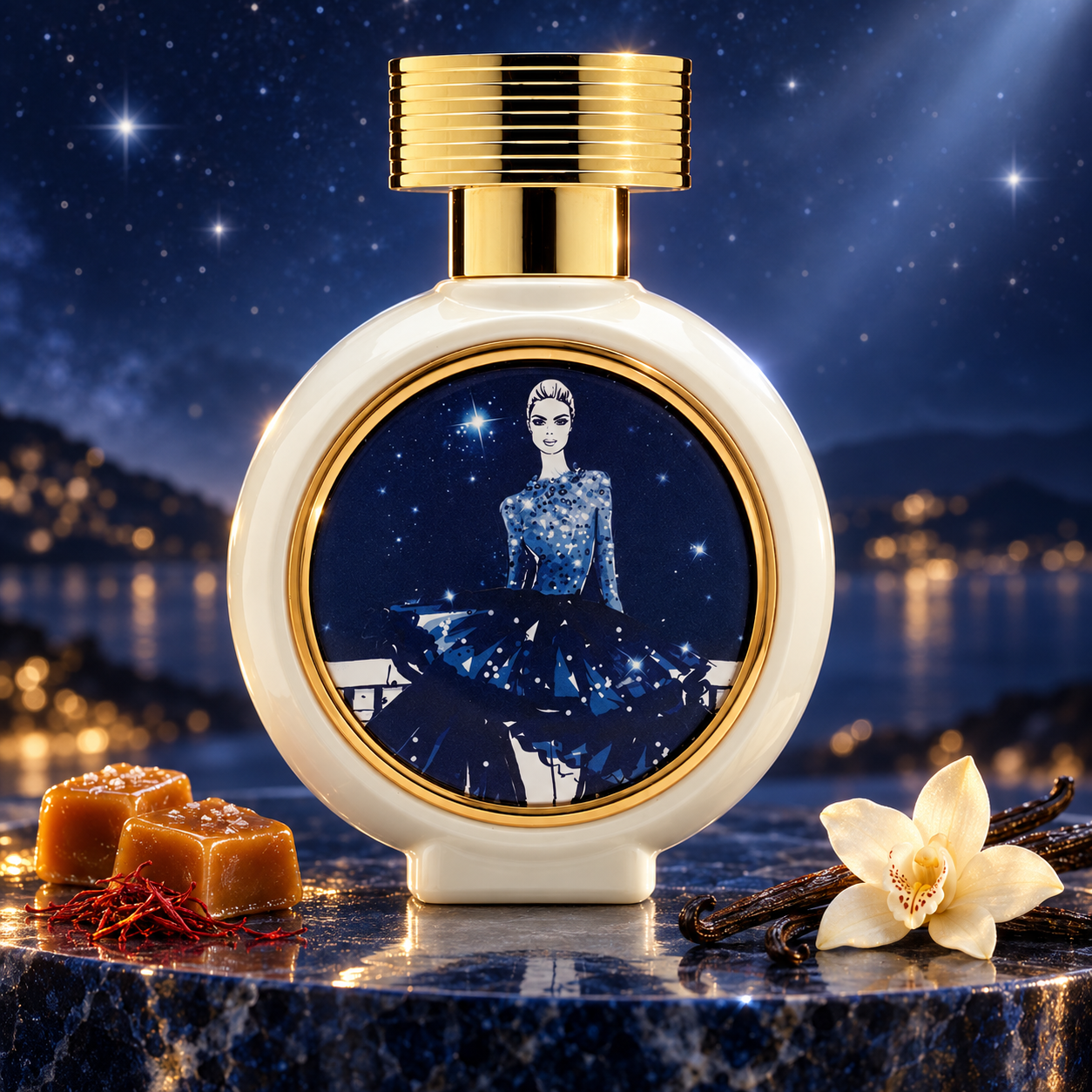 HFC Diamond in the Sky perfume bottle with caramel, saffron, vanilla pods, and a cream orchid on blue stone beneath a sparkling night sky.