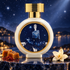 HFC Diamond in the Sky perfume bottle with caramel, saffron, vanilla pods, and a cream orchid on blue stone beneath a sparkling night sky.