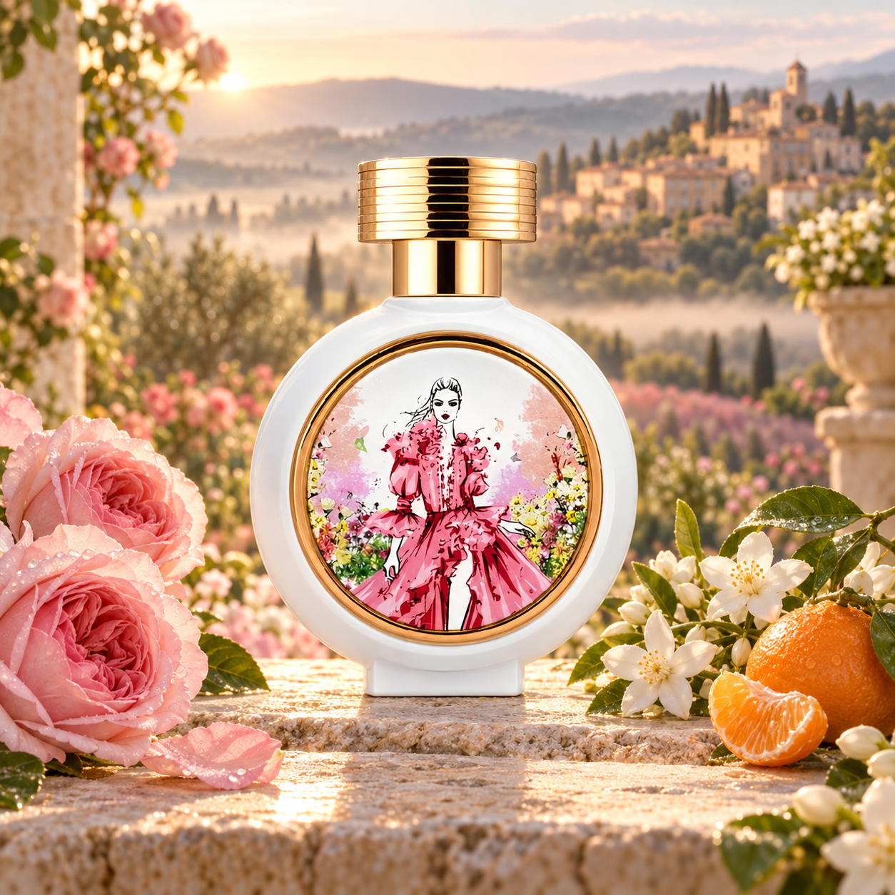 HFC Forbidden Whisper perfume bottle framed by pink roses, white jasmine, and mandarin on a stone terrace overlooking a Grasse-inspired garden and misty hills at sunrise.